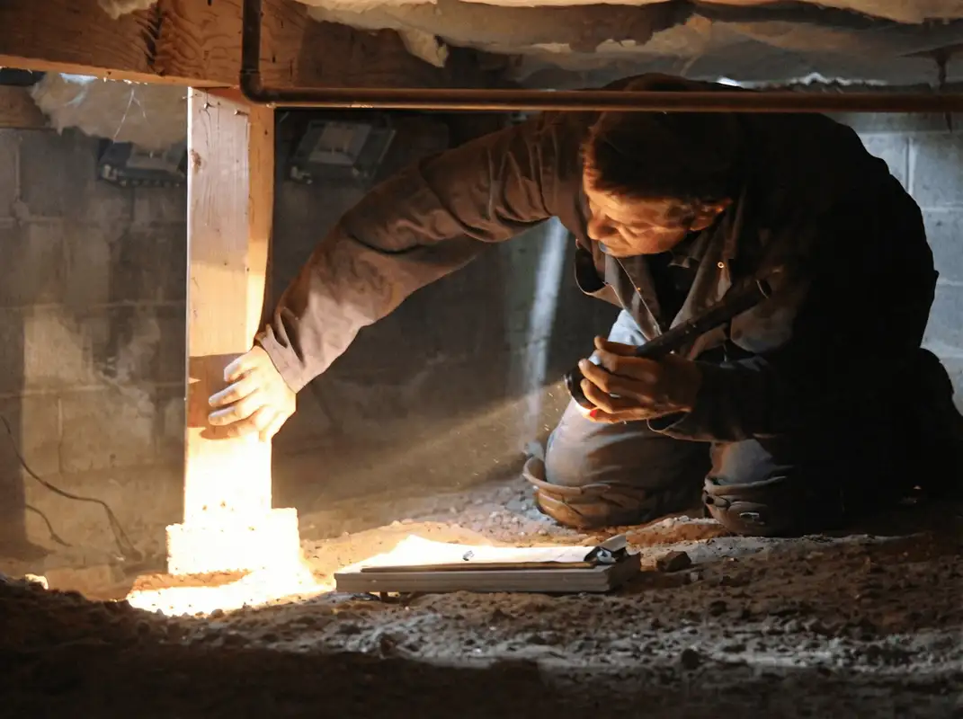 A professional inspecting wooden beams under the floor of a structure in Bradenton, FL